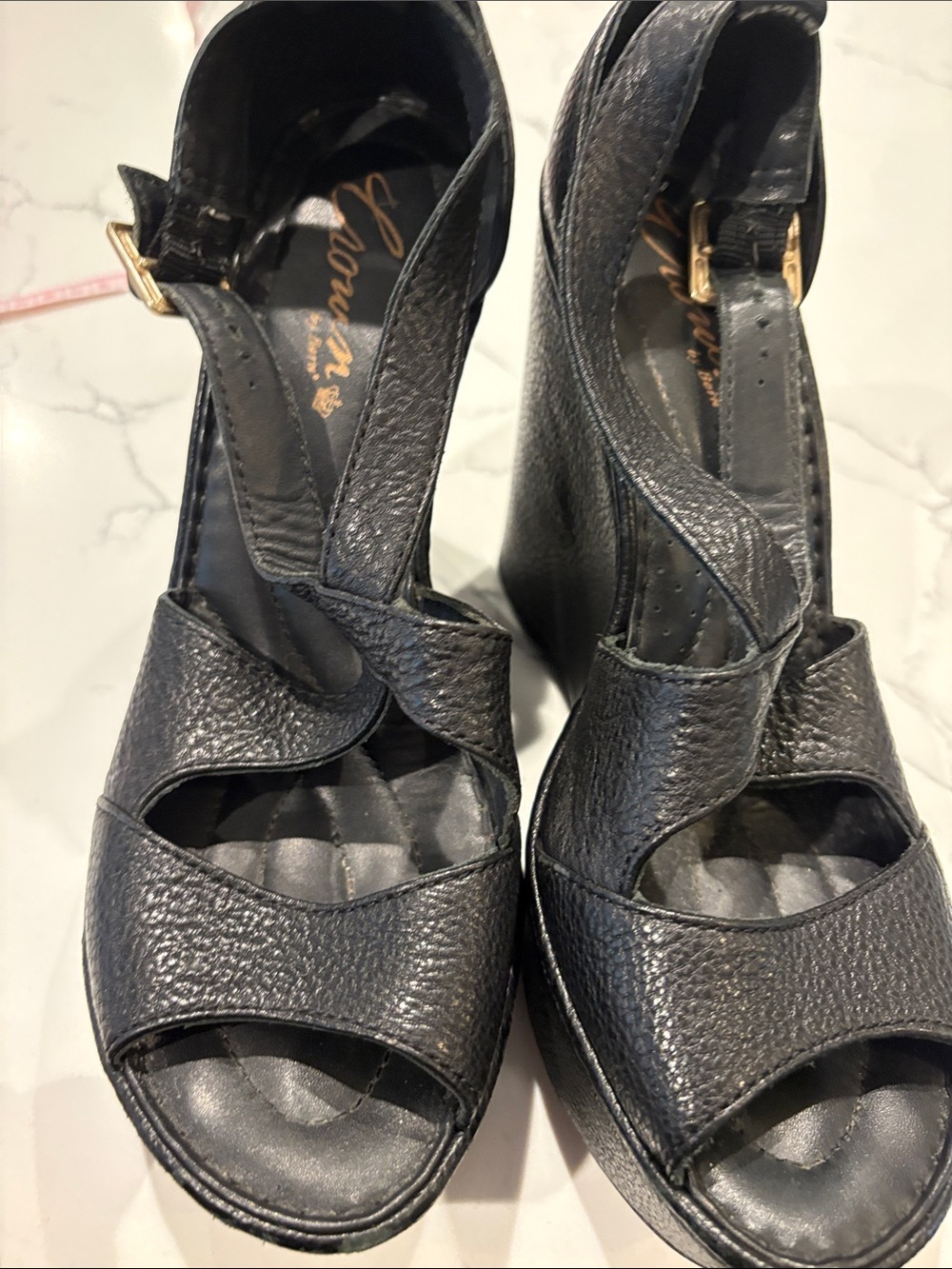 Crown Black Pebbled Leather Strappy Wedge Sandals